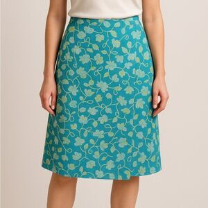 Talbots Wrap Skirt Size12 Blue Green Floral Cotton Denim Button Front Opening